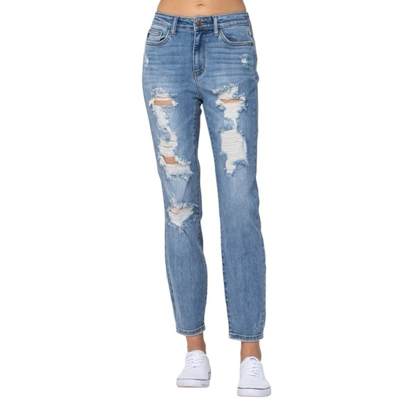 Judy Blue Denim - Judy Blue Destroyed Light Wash Boyfriend Jeans Size 16W Style JB82170LT